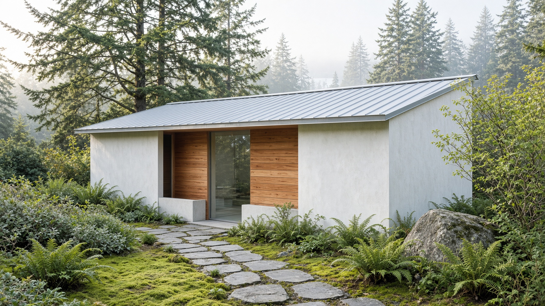 A low limewash pavilion with a cedar entry in a coastal forest garden