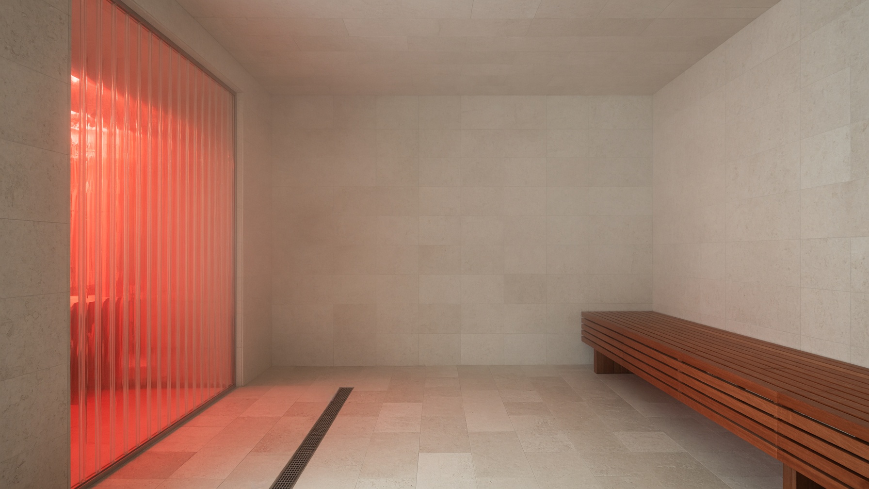 Pale tiled room with a teak bench and red light coming through a glass screen
