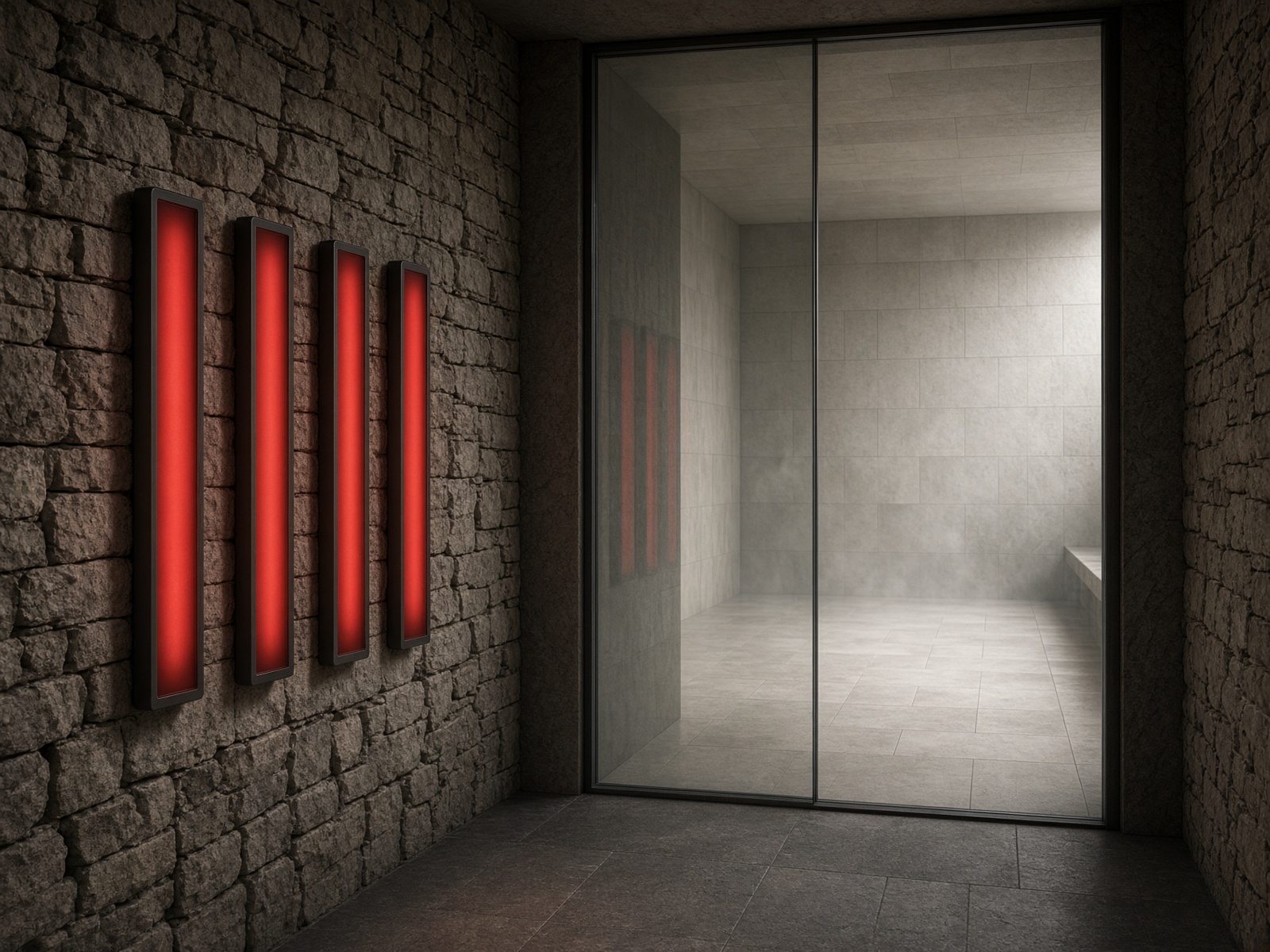 Four red-light panels in a dry vestibule, facing a glass screen into a tiled room